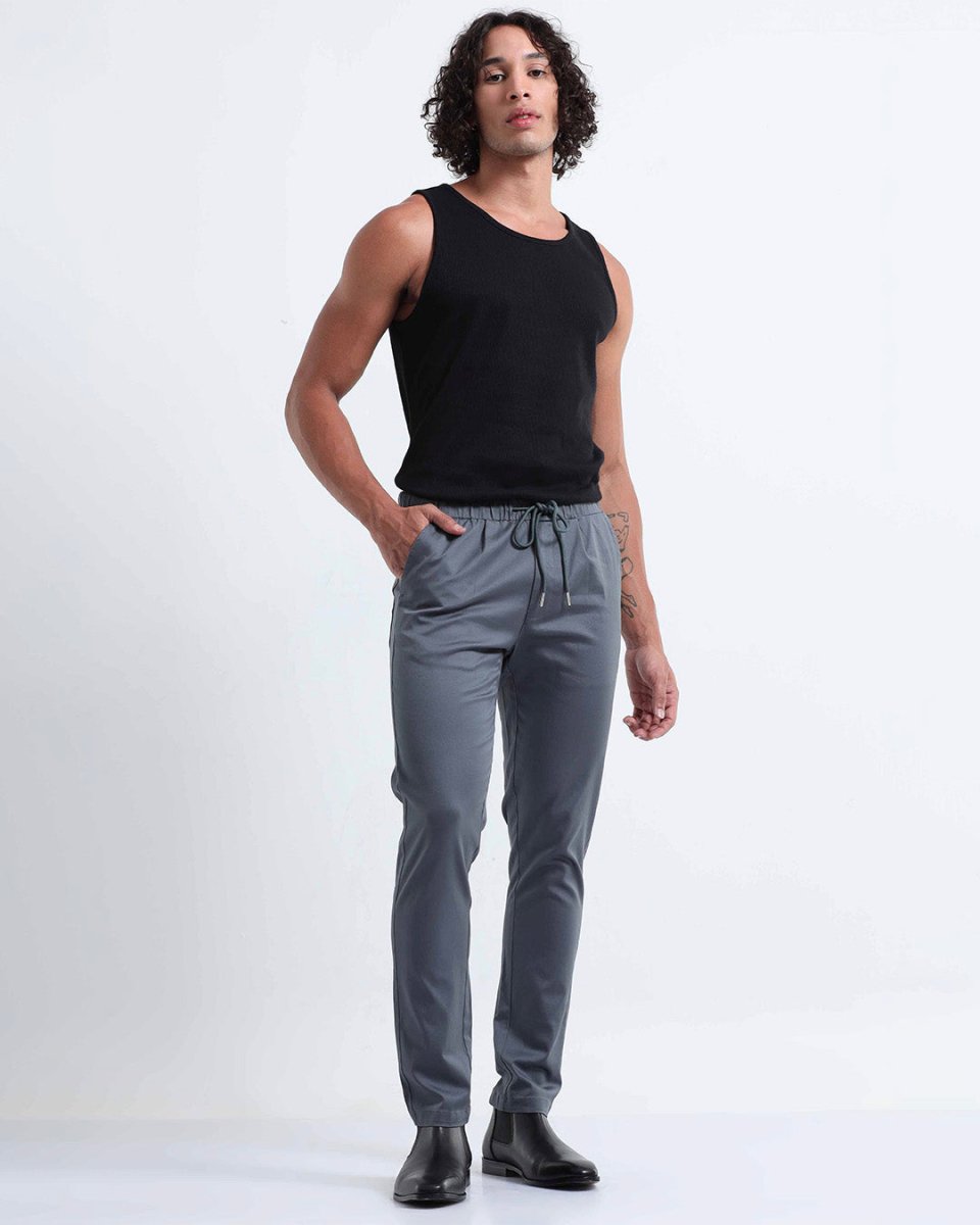TAILORAEDGE Rich Cotton Flexi Waist Pant In Stone Blue