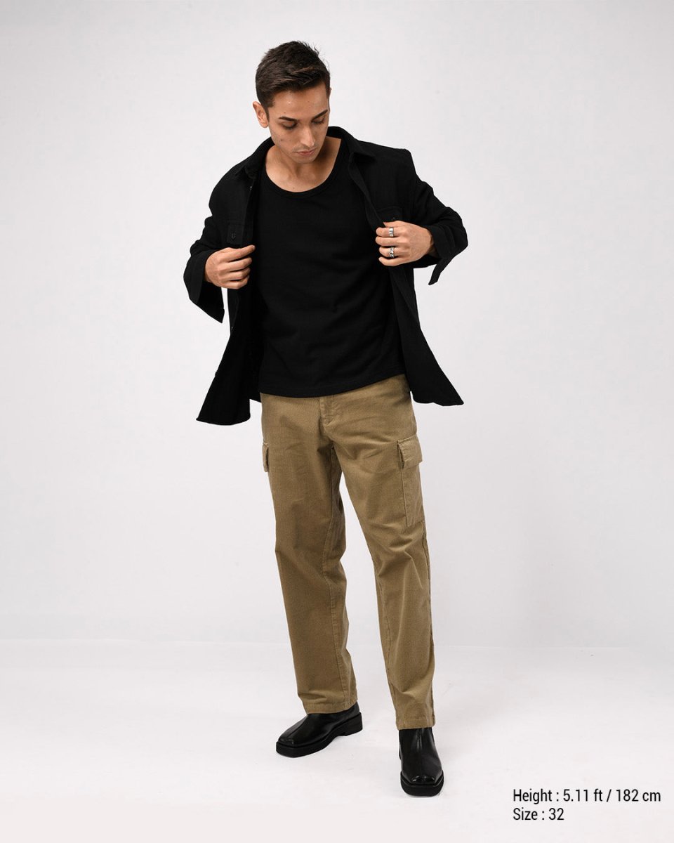 TAILORAEDGE Soft Corduroy Relaxed Cargo Pants In Beige