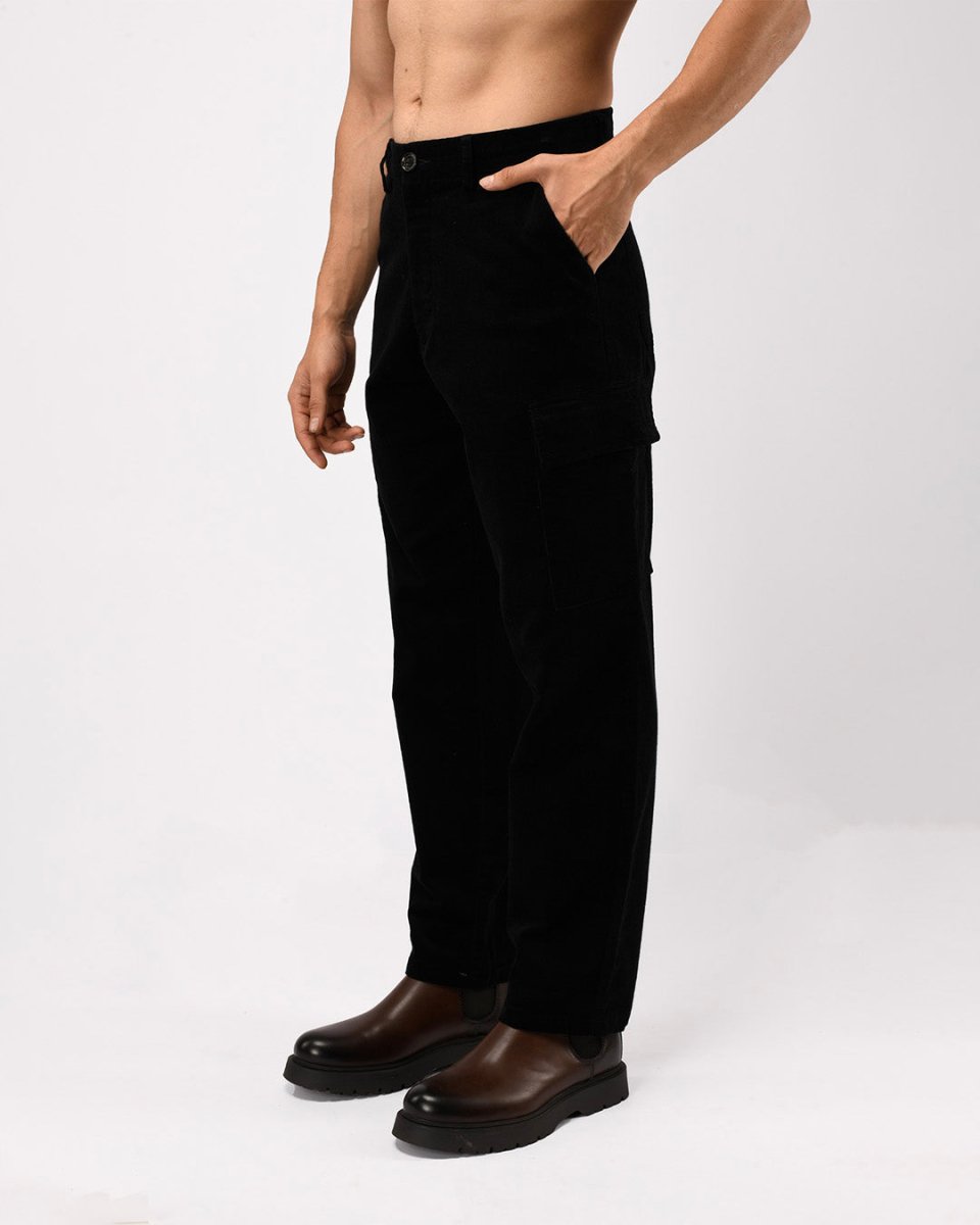TAILORAEDGE Soft Corduroy Relaxed Cargo Pants In Black