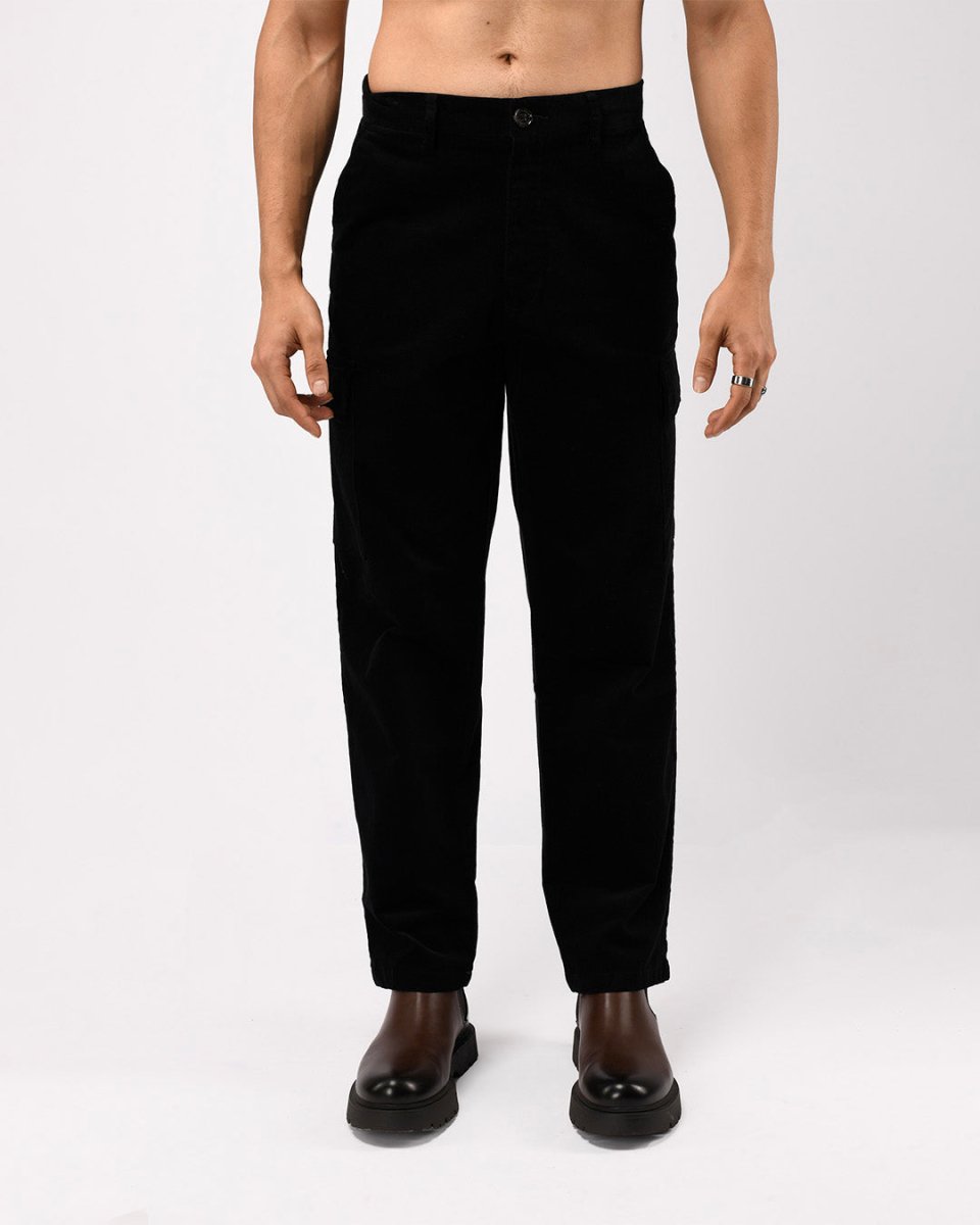 TAILORAEDGE Soft Corduroy Relaxed Cargo Pants In Black