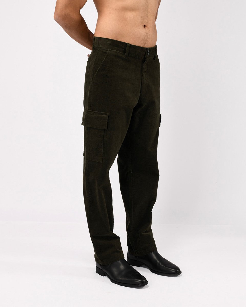 TAILORAEDGE Soft Corduroy Relaxed Cargo Pants In Dark Olive