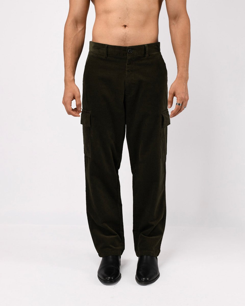 TAILORAEDGE Soft Corduroy Relaxed Cargo Pants In Dark Olive