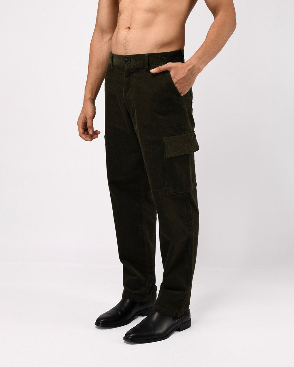 TAILORAEDGE Soft Corduroy Relaxed Cargo Pants In Dark Olive