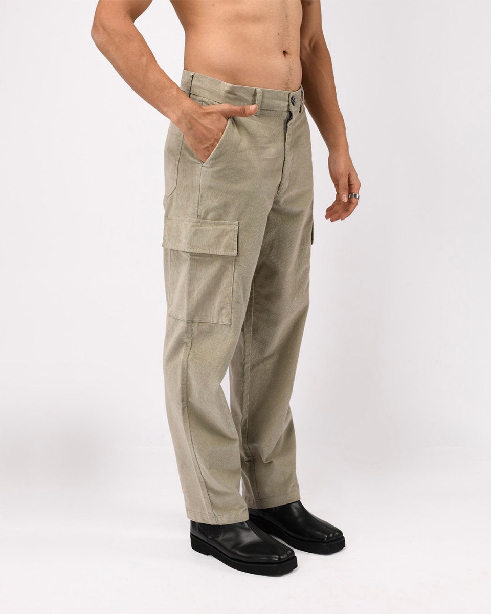 TAILORAEDGE Soft Corduroy Relaxed Cargo Pants In Light Grey